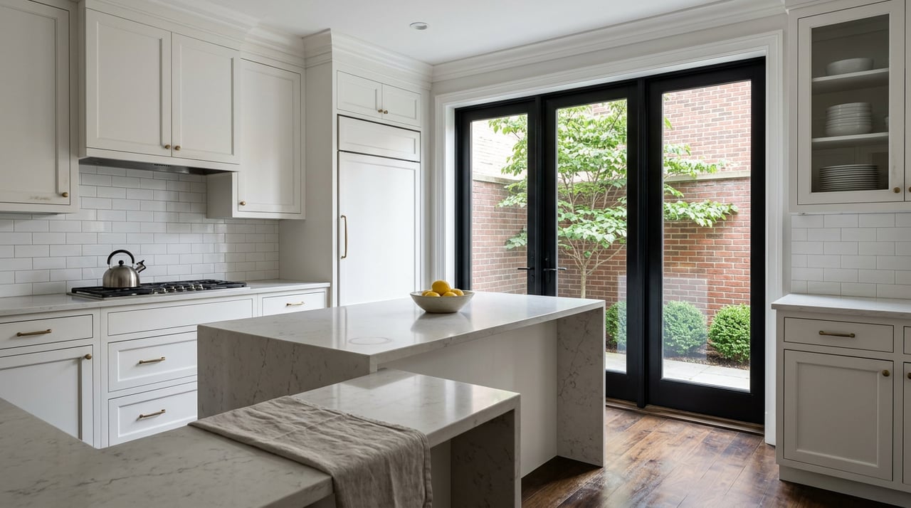Kitchen with a veined quartz island, lemons in a bowl, and glazed doors opening onto a brick-walled garden.