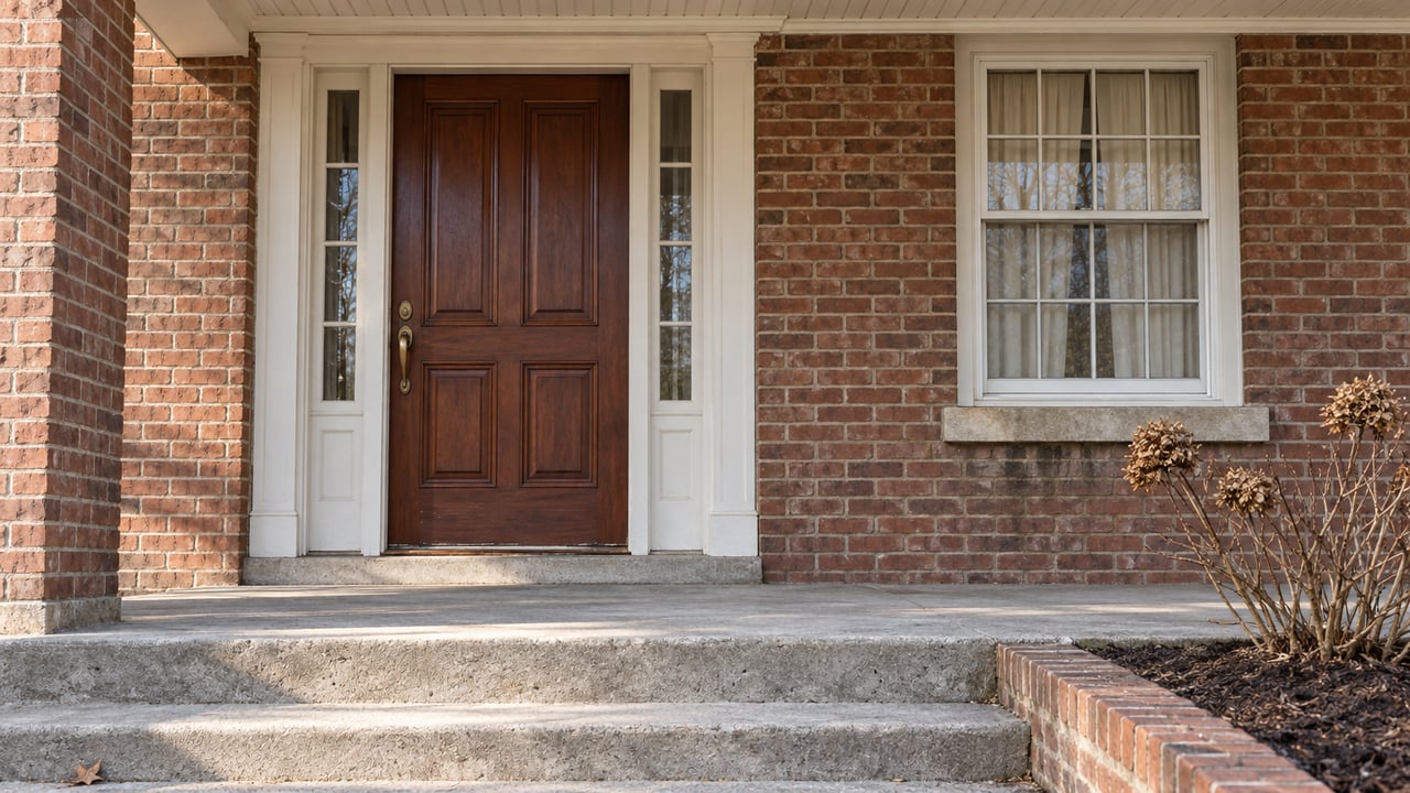 Sunlight falls across a brick home's covered entry, mahogany front door, and concrete porch steps beside a dormant oakleaf hydrangea.