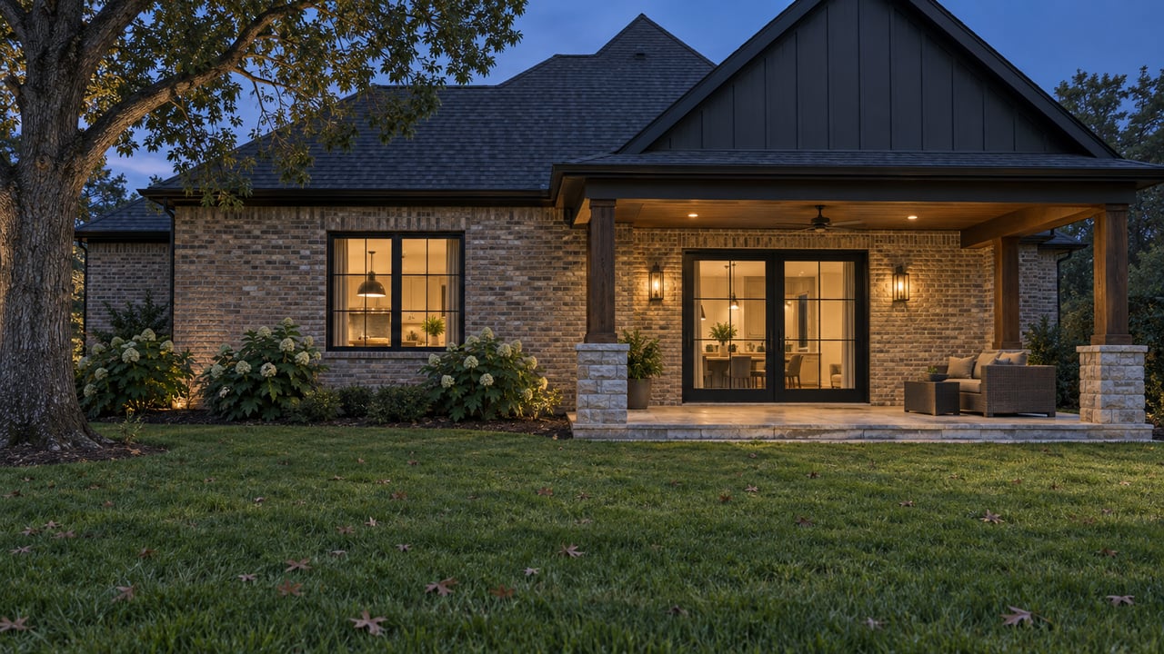 Brick home with a covered patio, closed glass doors, and broad lawn beneath an oak tree at dusk.