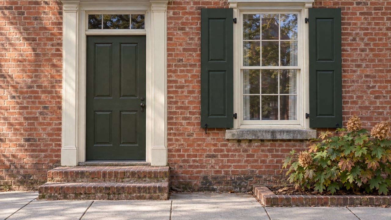Warm brick townhouse entry with an olive paneled door, ivory trim, shuttered sash window, worn brick steps and a small oakleaf hydrangea beside the sidewalk.