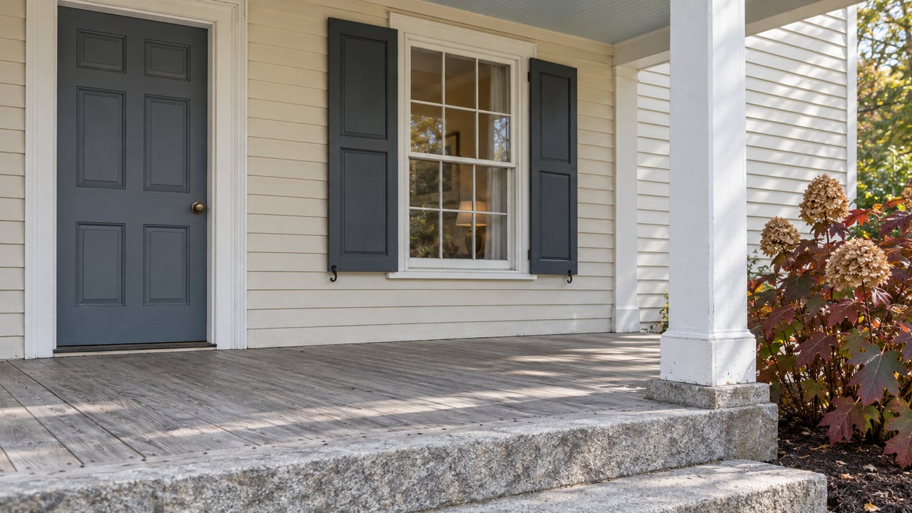 An ivory clapboard home's sheltered entrance with a slate-blue door, divided-light window, weathered cedar porch and autumn oakleaf hydrangea.