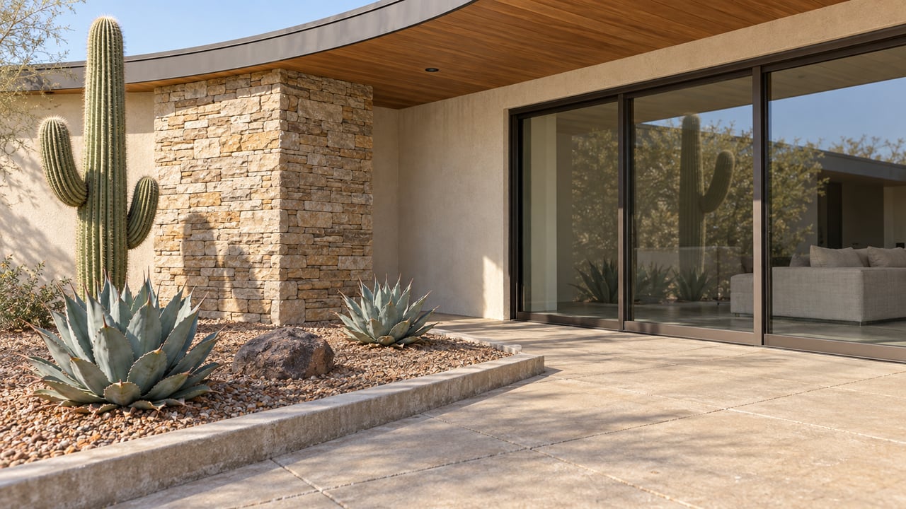 Morning light on a desert-modern home's covered patio, with wood soffits, buff stone, bronze-framed glass and a saguaro beside two sculptural agaves.