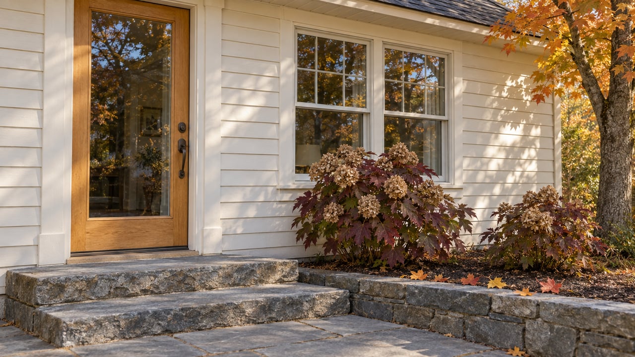 Autumn light on a white clapboard cottage entrance with an oak glazed door, divided window, stone steps, and red oakleaf hydrangeas beneath a sugar maple.