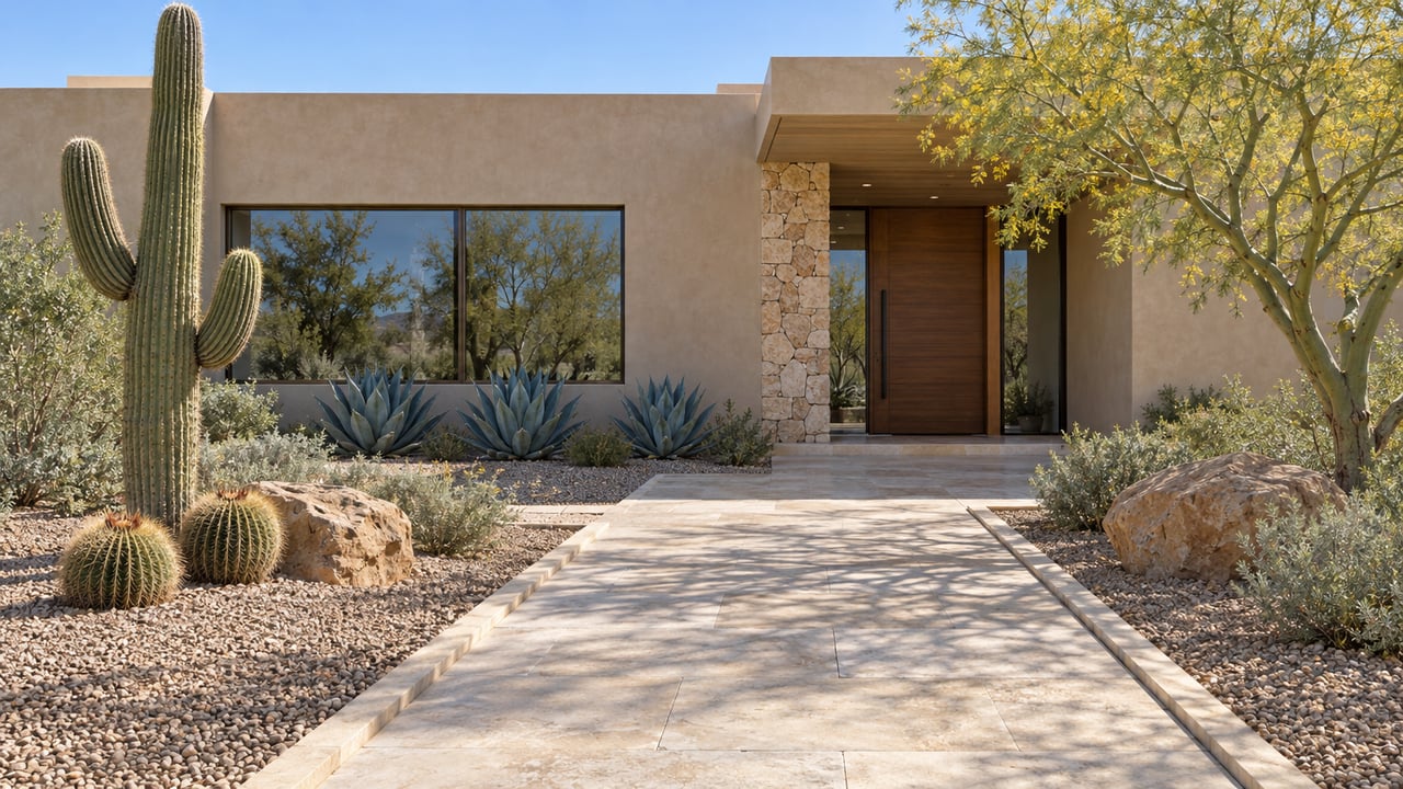 Sand-colored single-story home with bronze-framed windows, a shaded stone entry and sculptural desert planting along a limestone approach.