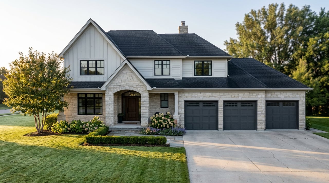 Two-story home with arched stone entry, three-car garage, broad lawn, and serviceberry tree.