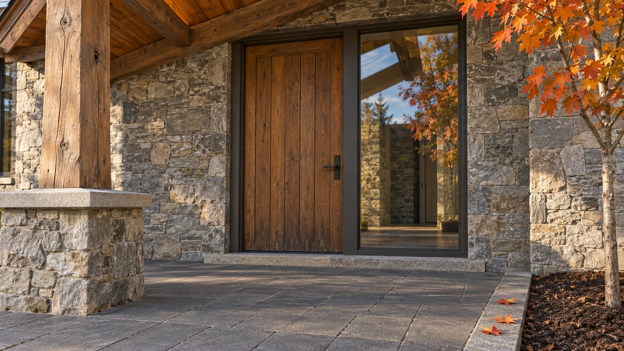 Close view of a timber-and-stone home entrance with a closed oak door, tall glazing and autumn maple leaves beside a paved landing.