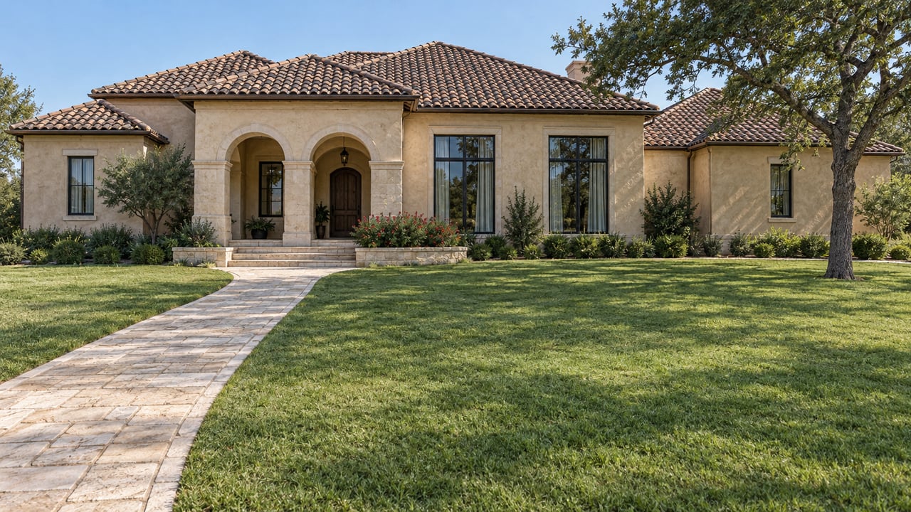 Warm stucco home with an arched entry, tall windows and a limestone approach across a broad lawn beneath a mature post oak.