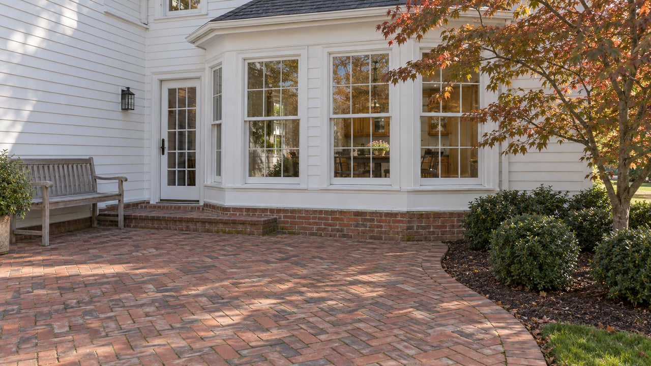 White clapboard home with tall windows overlooking a weathered brick terrace beside a dogwood with autumn foliage.