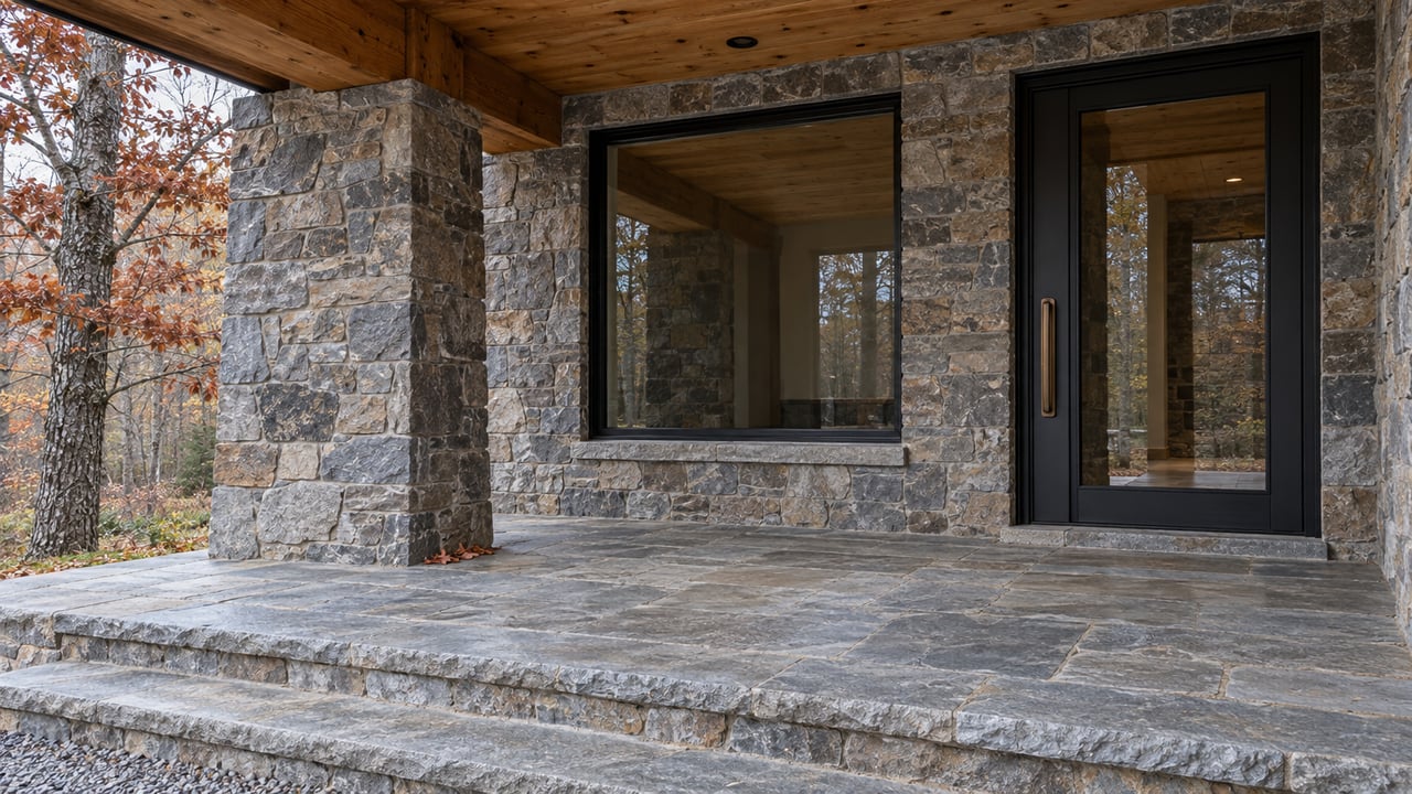 Covered home entry with timber ceiling, stone pier, black-framed glass door and blue-gray stone steps beside russet maple leaves.