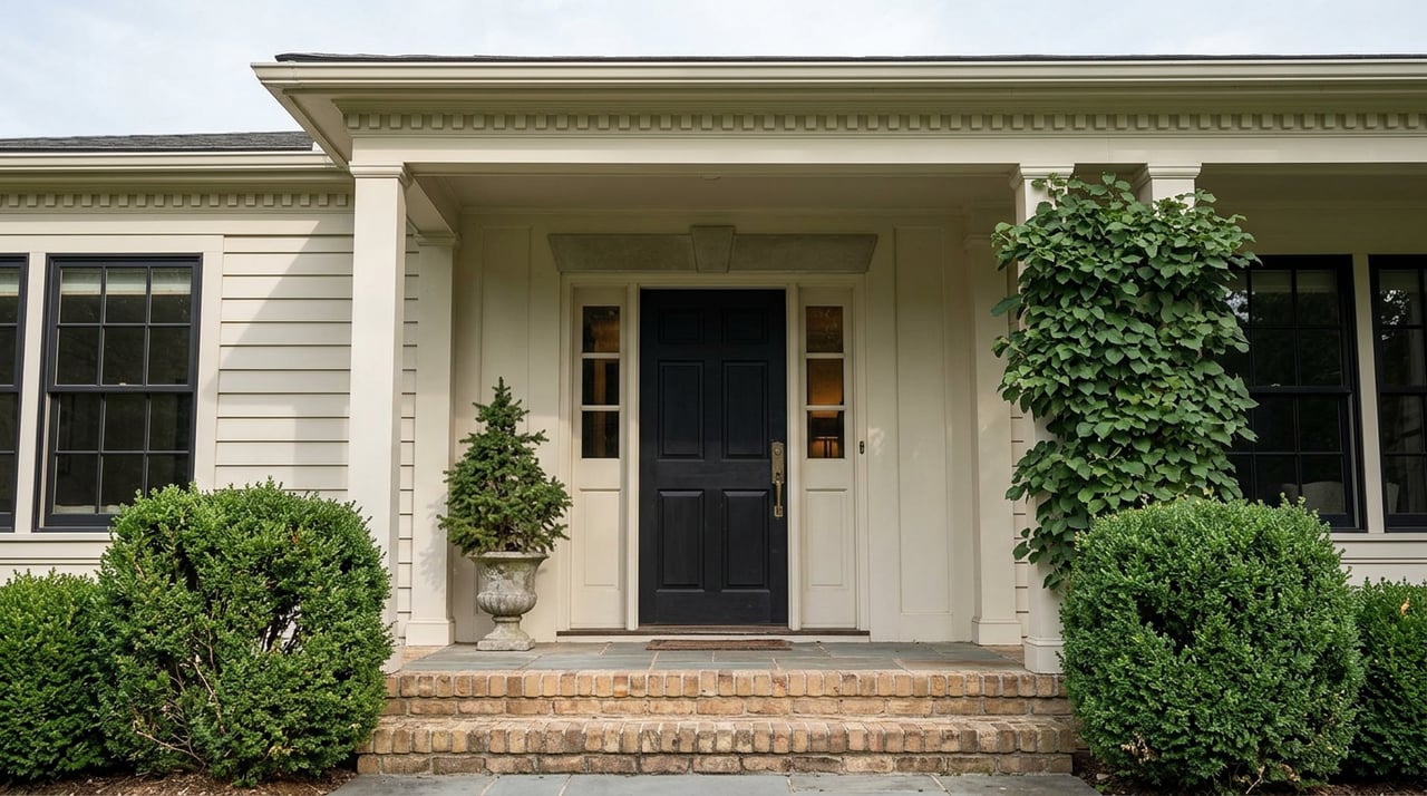 Brick entry steps lead to a black paneled door with brass hardware, sidelights, and a potted spruce.