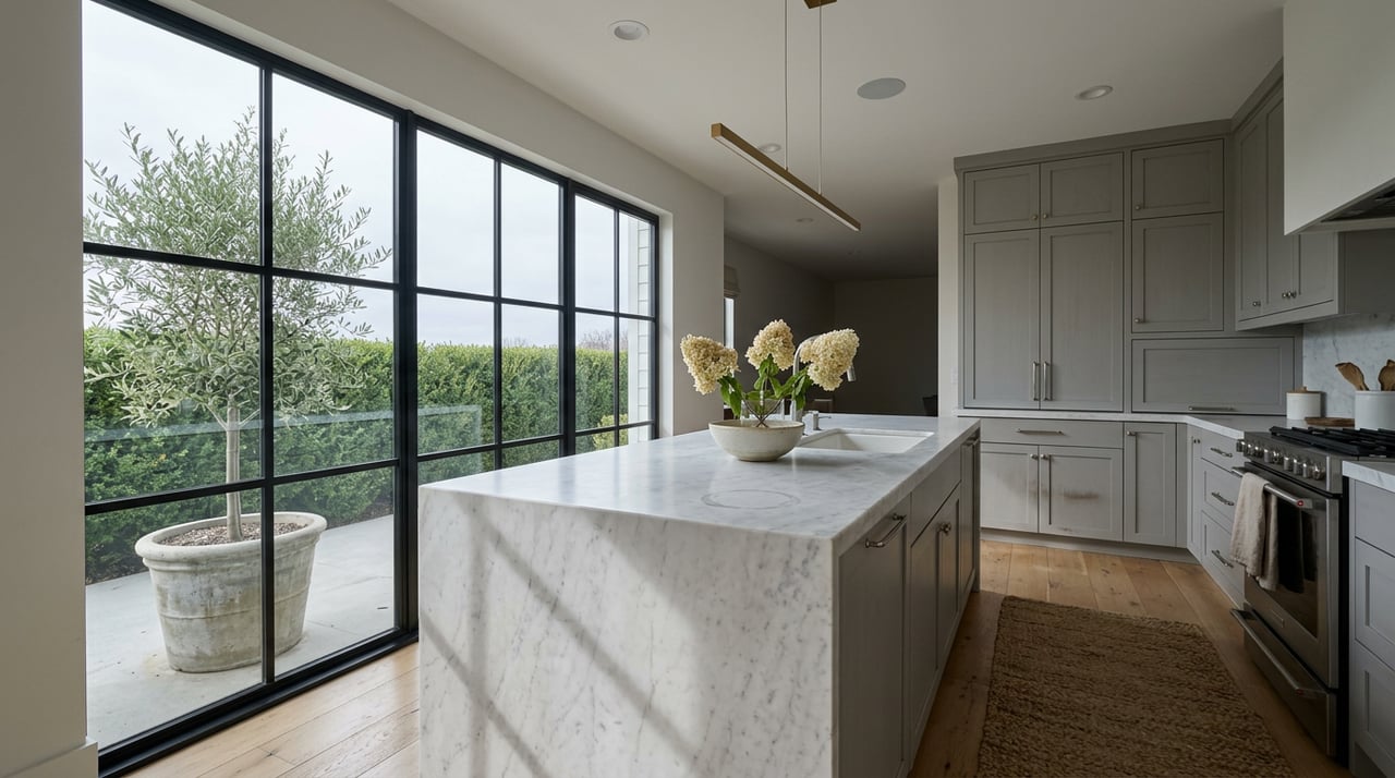 Open kitchen with a marble island, gray cabinets, black-framed windows, and an olive tree outside.