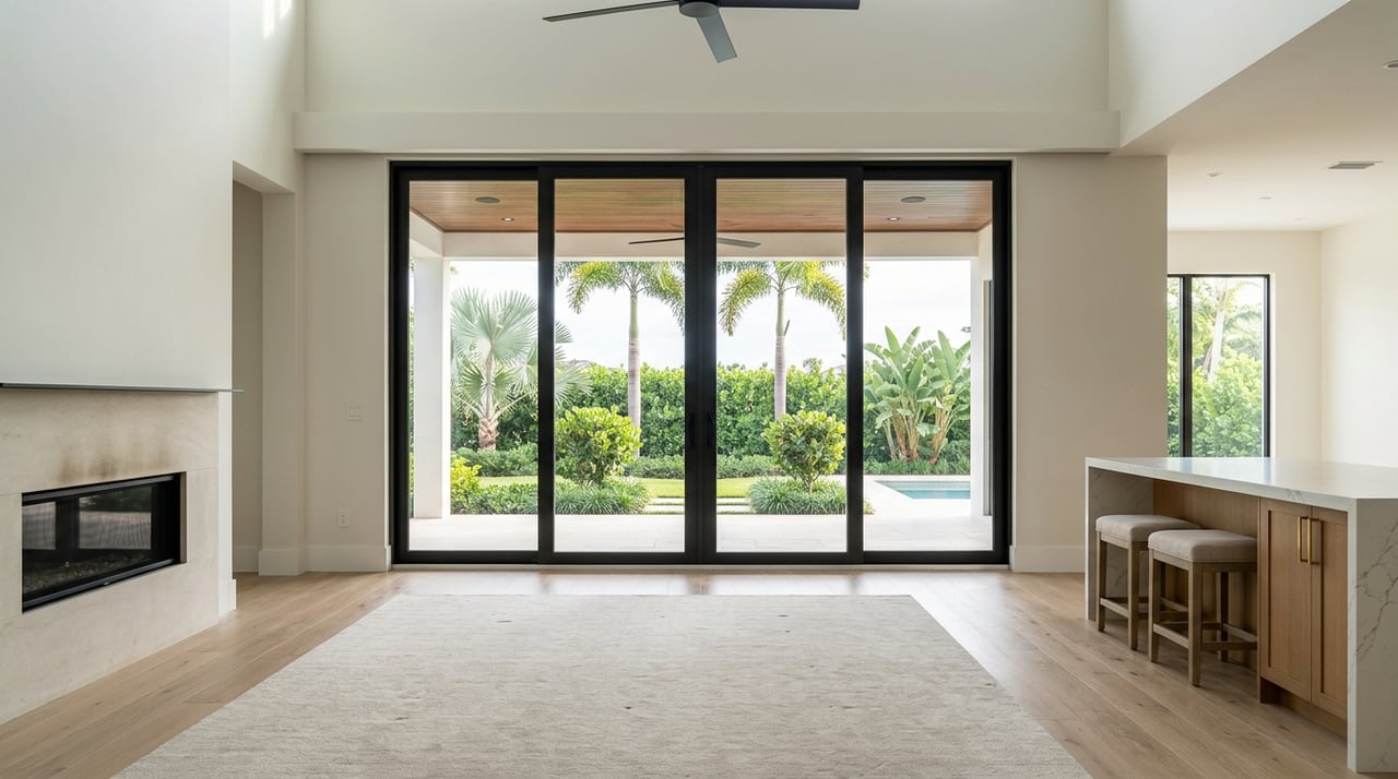 Double-height great room opens through black-framed sliding glass doors to a covered patio and partial pool terrace.