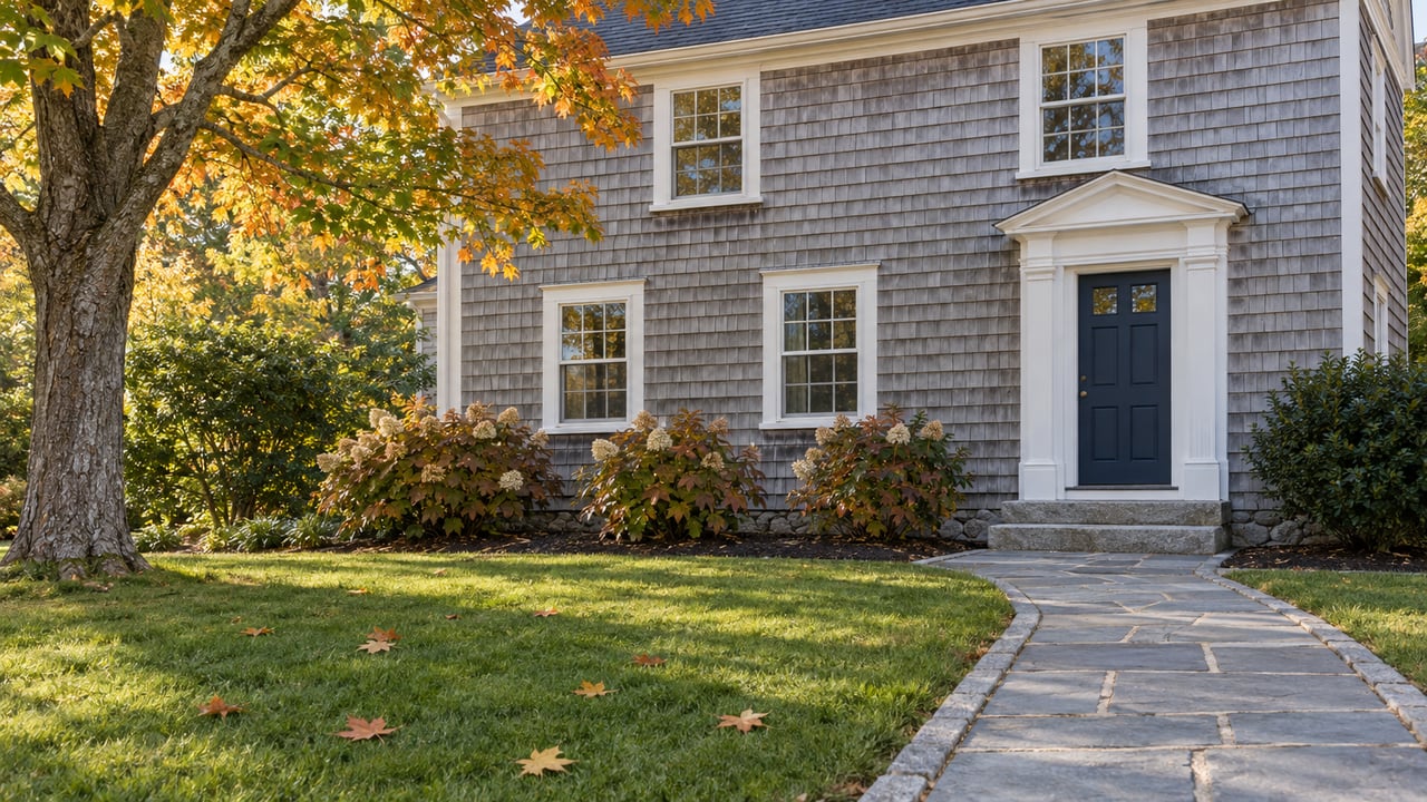 Silver-shingled house with white sash windows, a blue front door and granite steps beyond a flagstone walk and autumn lawn.