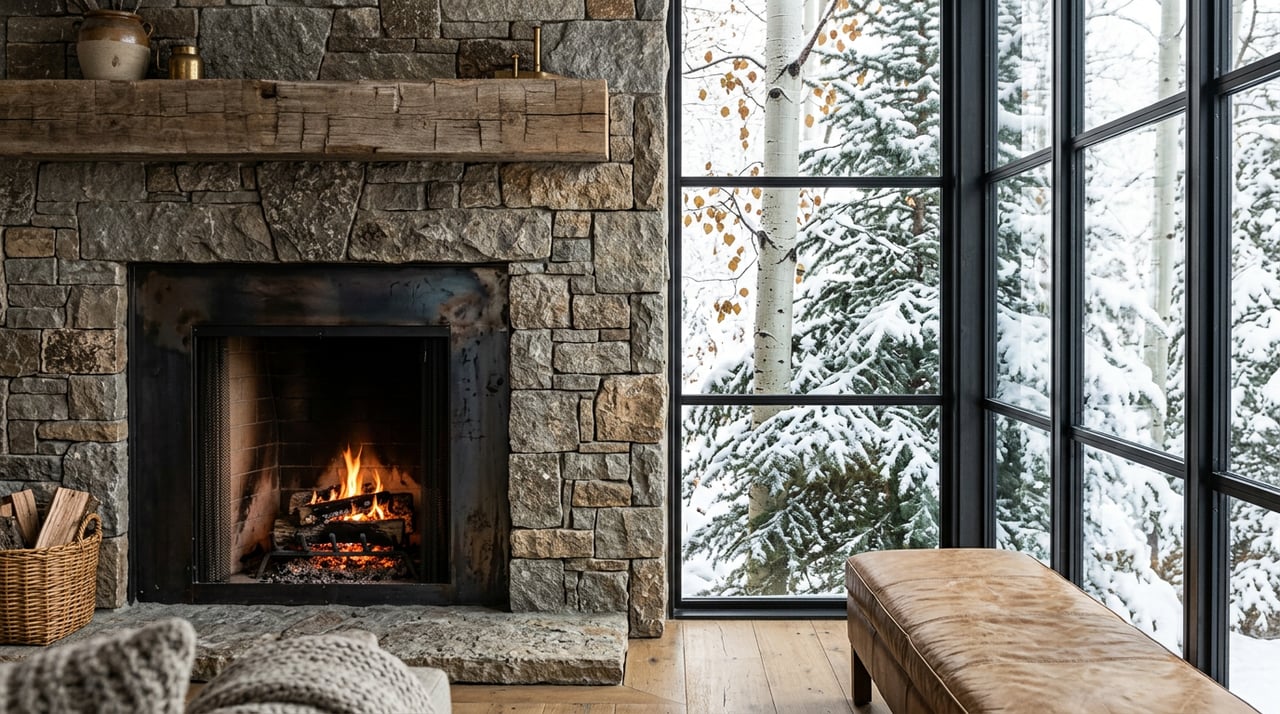 Stone fireplace with a low fire beside steel-framed windows, where a snow-dusted spruce bough presses against the glass.