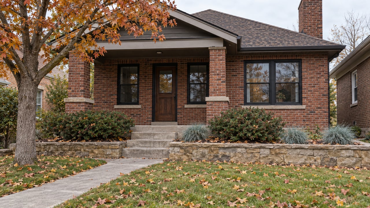 Autumn leaves scatter across the front lawn of a red-brick bungalow with a covered porch and sandstone garden wall.