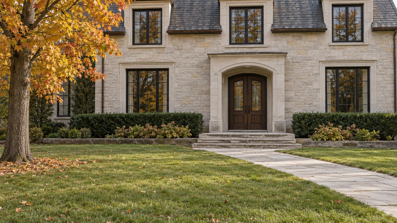 Autumn lawn and a stone approach leading to a substantial limestone home with dark windows, slate roofing and an amber sugar maple.