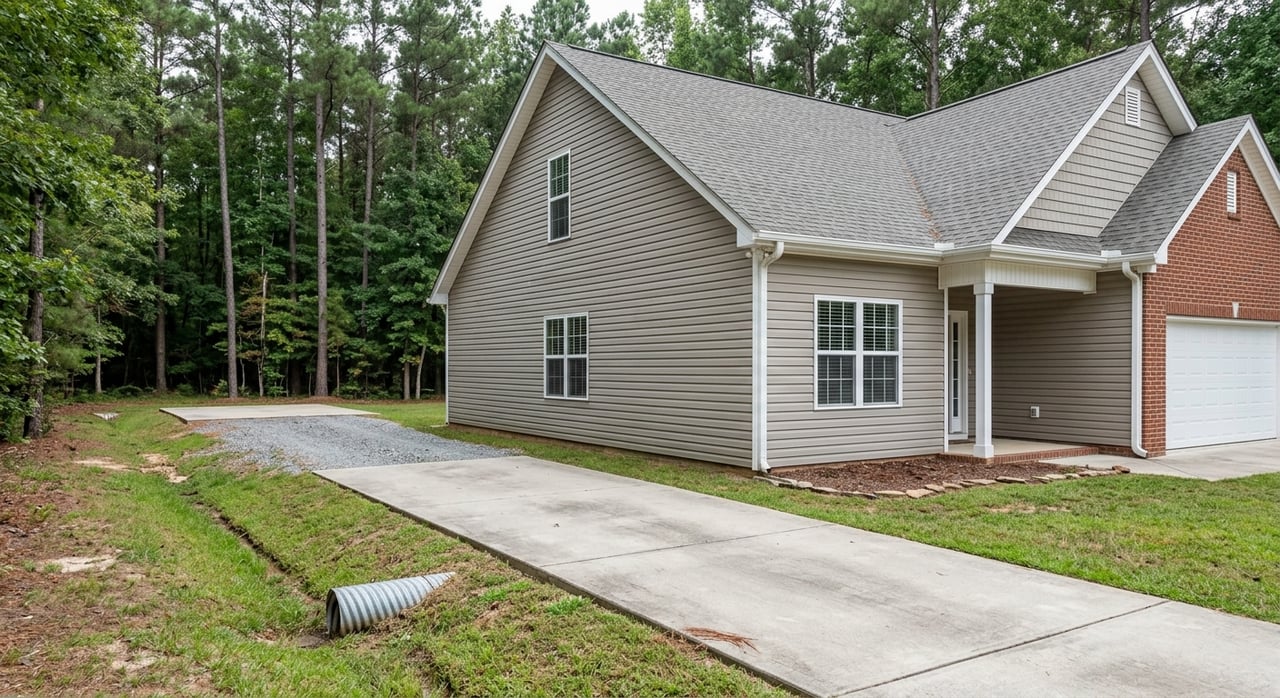 Brick-and-vinyl house beside a long concrete and gravel drive leading to a pine tree line.