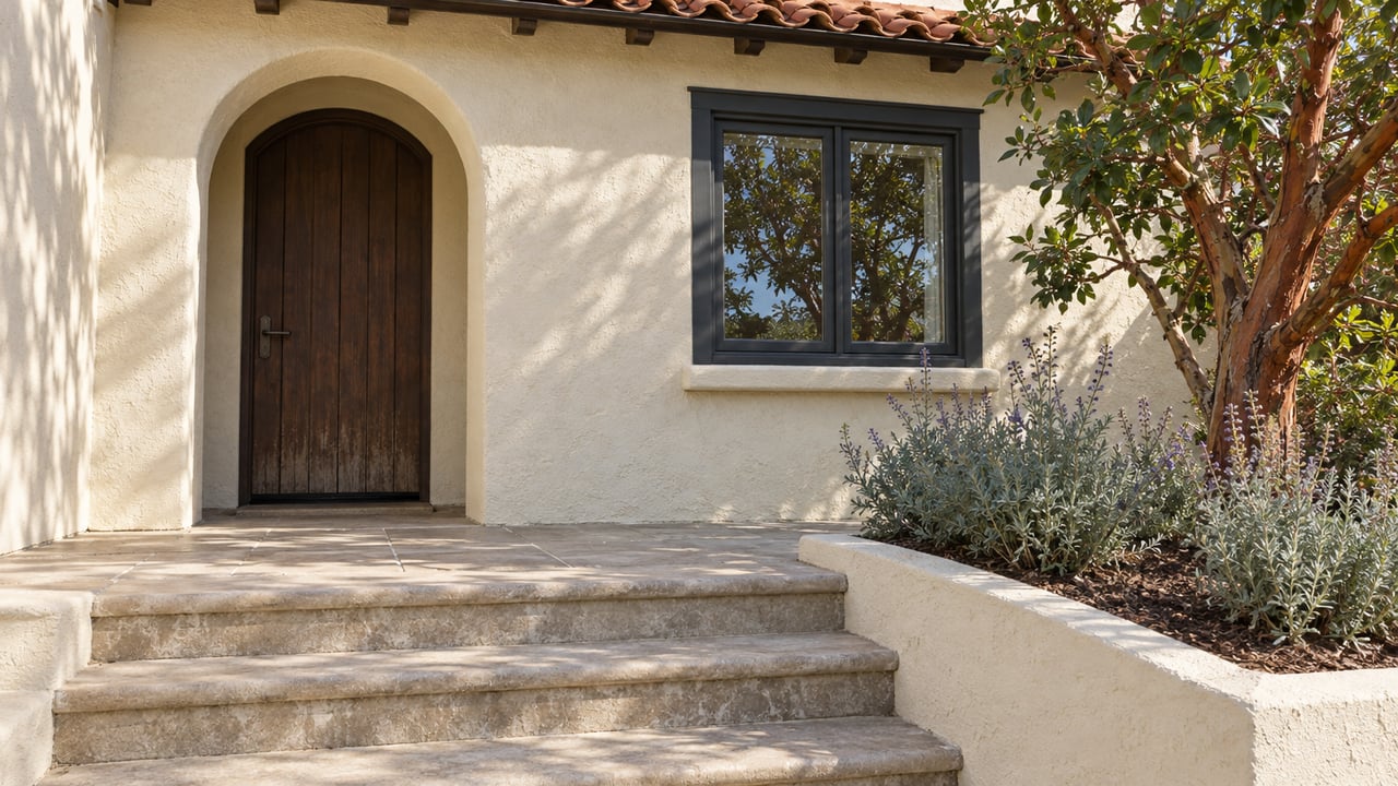 Cream stucco home with an arched oak entry, terracotta eave, worn stone landing and a raised bed containing strawberry tree and Cleveland sage.
