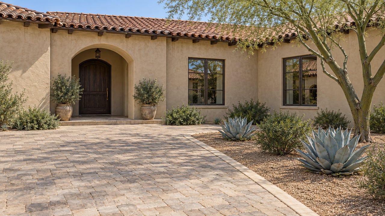 Tan stucco home with a recessed arched entry, clay tile roof and broad paver approach beside sculptural desert planting.