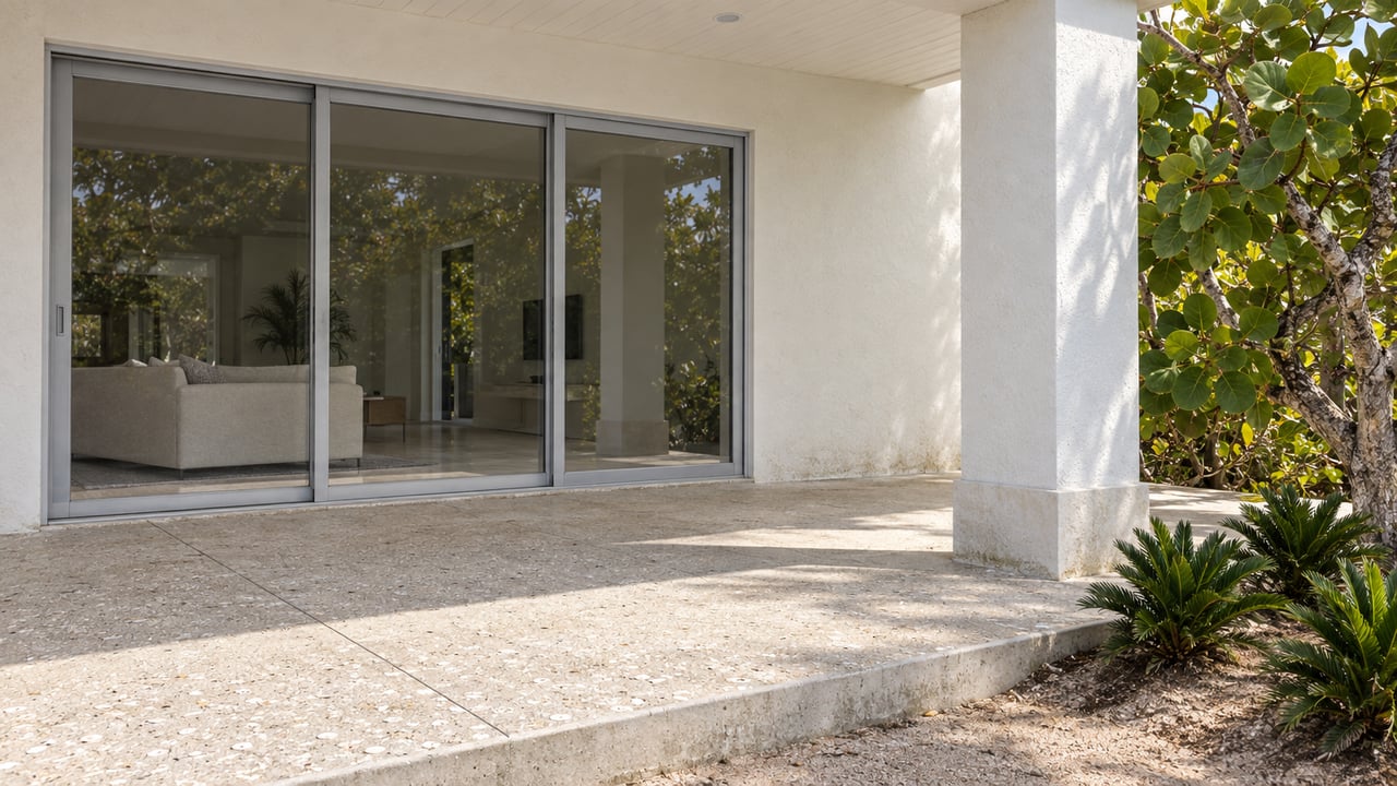 Sunlit shell-aggregate terrace outside a light stucco home, with closed sliding glass doors and sea grape planting.