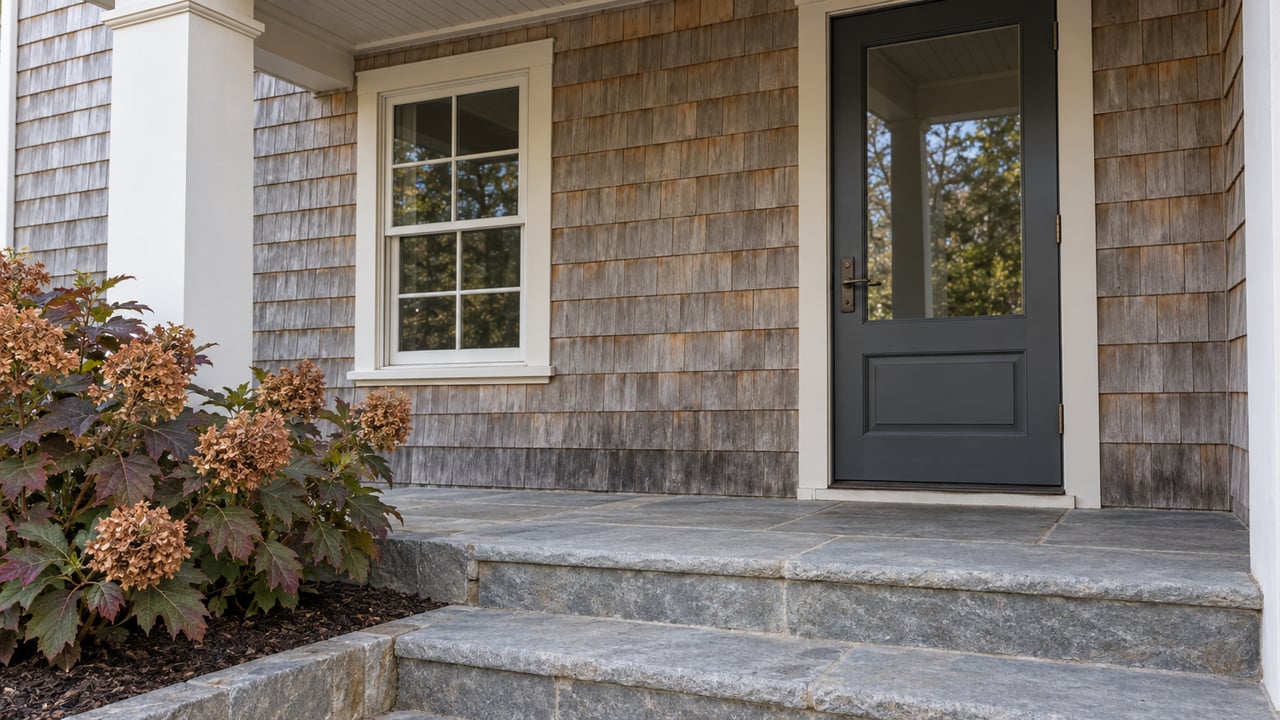 Weathered cedar shingles, a charcoal glazed door, and blue-gray stone steps beside an oakleaf hydrangea on a covered residential porch.