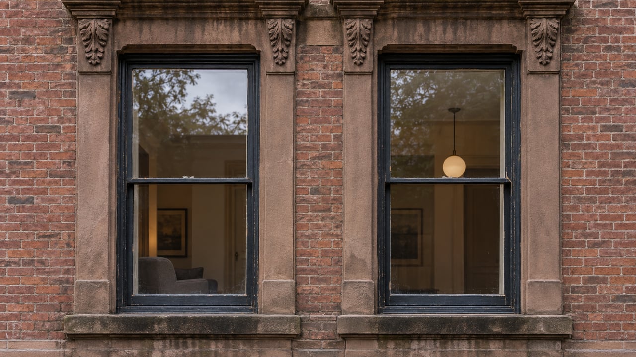 Two tall black sash windows framed by weathered brown sandstone and russet brick, with softly reflected cloudy light.