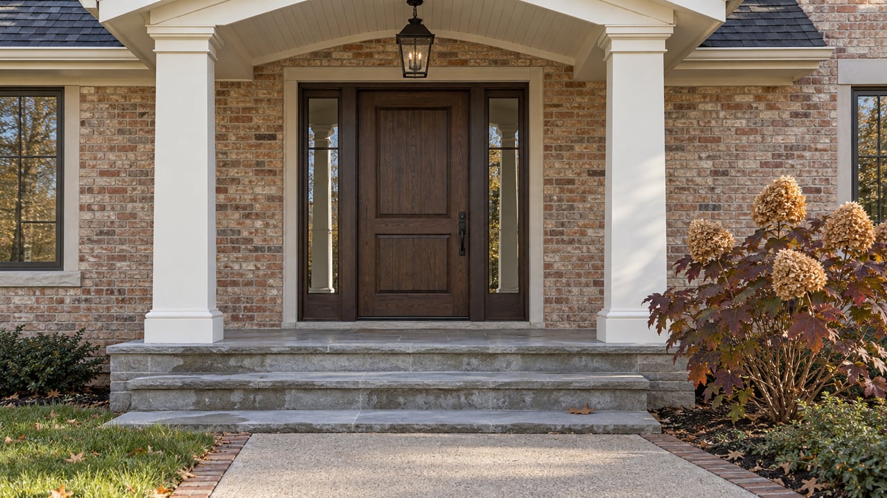 Brick home's covered entry with ivory columns, an oak door, limestone steps and oakleaf hydrangea in autumn color.