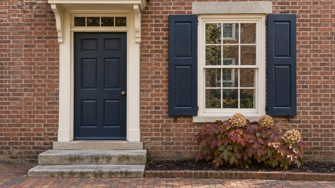 Autumn sunlight on a navy paneled doorway and shuttered sash window in a weathered brick home, with limestone steps and an oakleaf hydrangea.