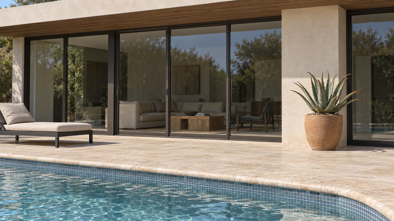 Single-story home's shaded glass frontage and limestone terrace beside a sunlit pool, with one sculptural aloe in a terracotta pot.