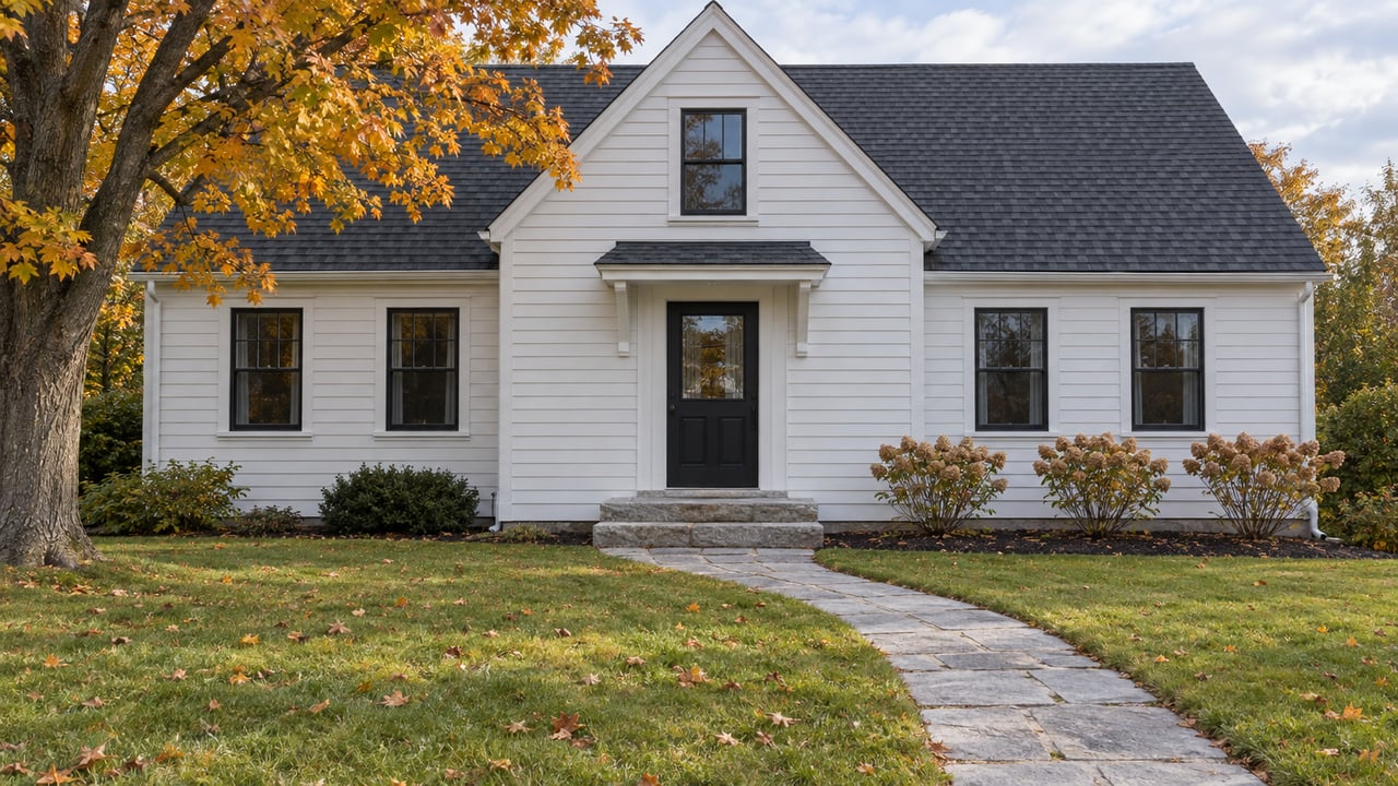A white clapboard house with black-framed windows, granite front steps, a deep lawn, and an orange-yellow sugar maple under soft autumn daylight.