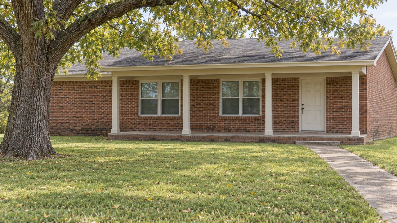 A modest brick home behind a broad lawn, shaded by the spreading canopy of a mature pecan tree.