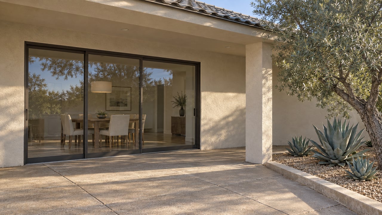 Cream stucco home with a shaded concrete terrace, bronze-framed sliding glass doors, and an olive tree beside three agaves.