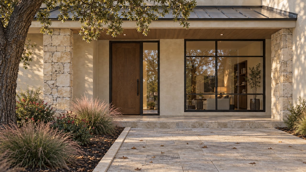 Limestone-paver entry approach bordered by a narrow curb beside dark planting soil, ending at a porch step.