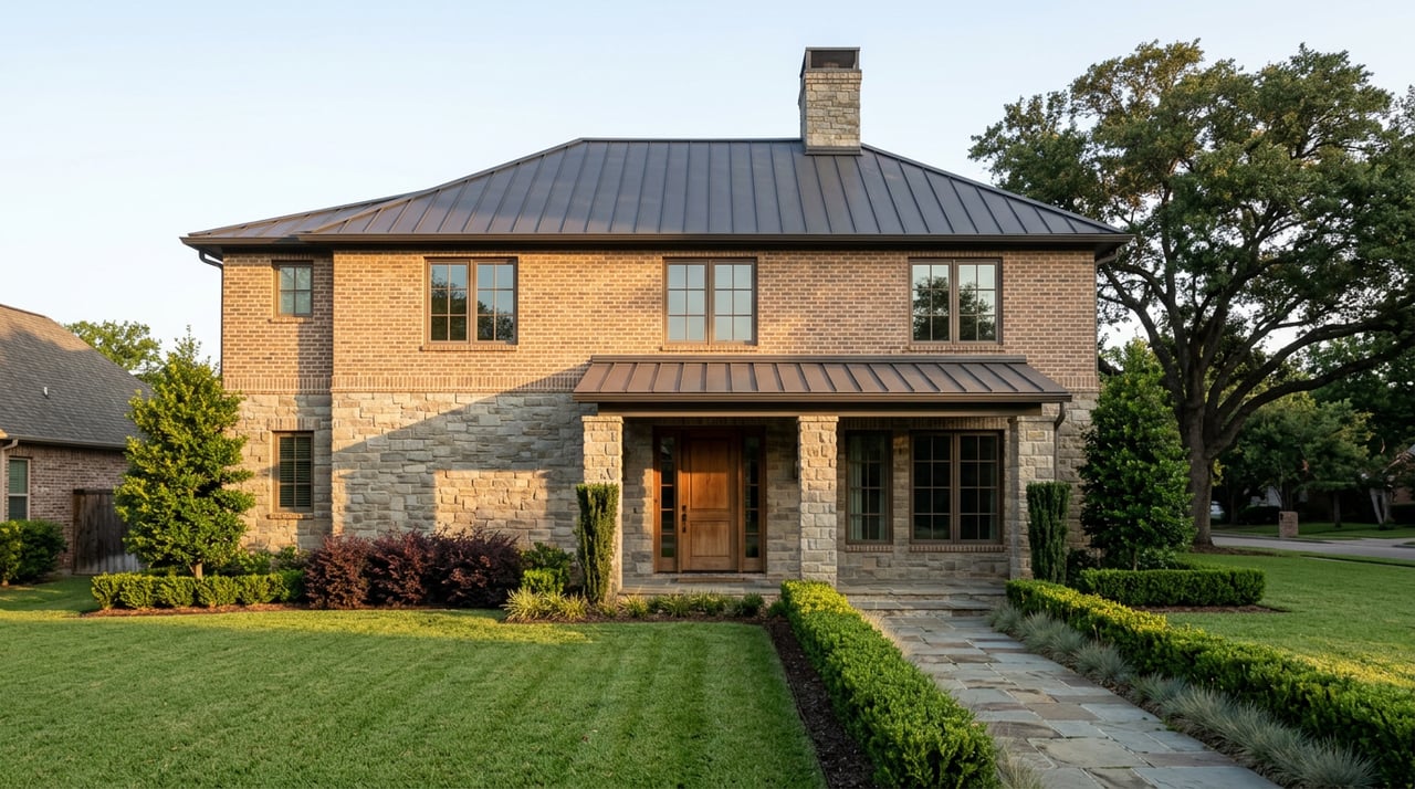 Two-story brick and stone house with a steep gable, mature oak, and paver walkway across a broad lawn.