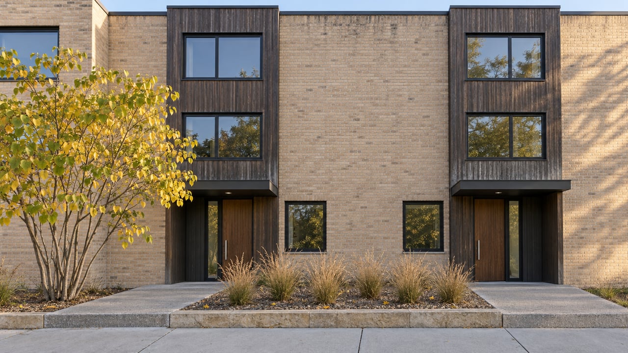 Two attached contemporary homes with buff brick, dark cedar bays, recessed entries and a shallow planted setback.