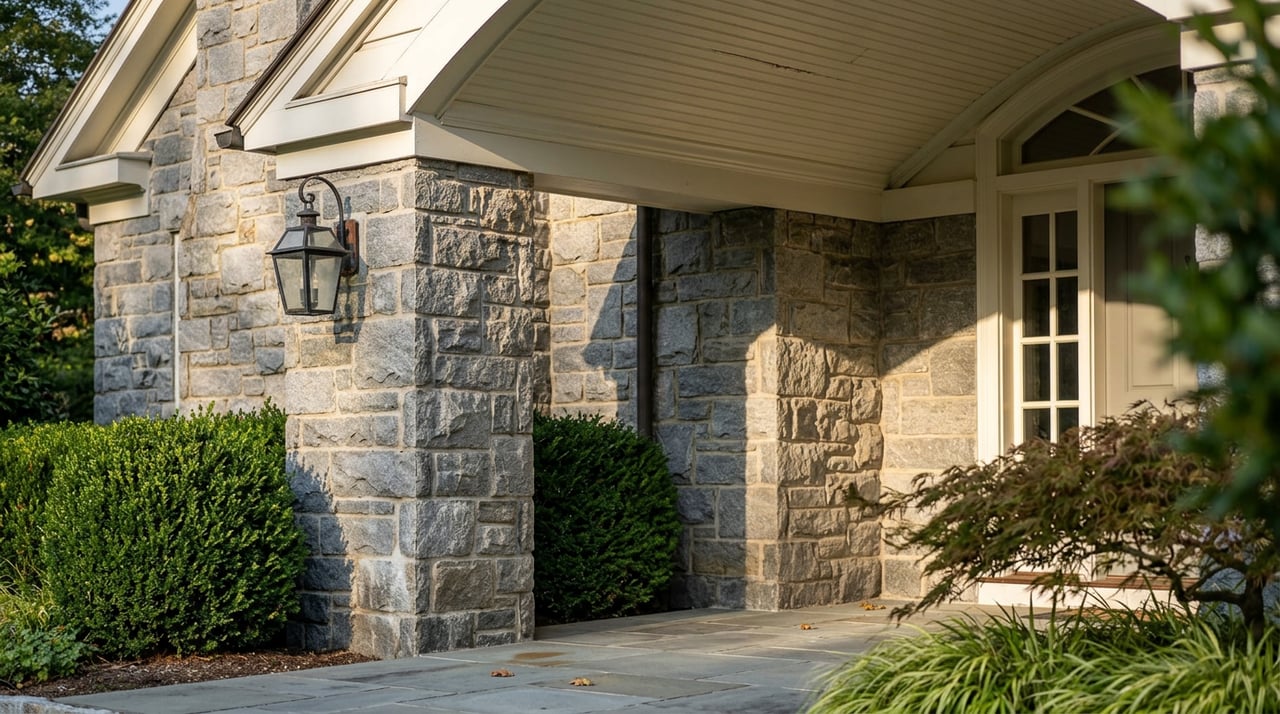 Stone porch column beside a black lantern, with beadboard ceiling and fallen leaves on bluestone pavers.
