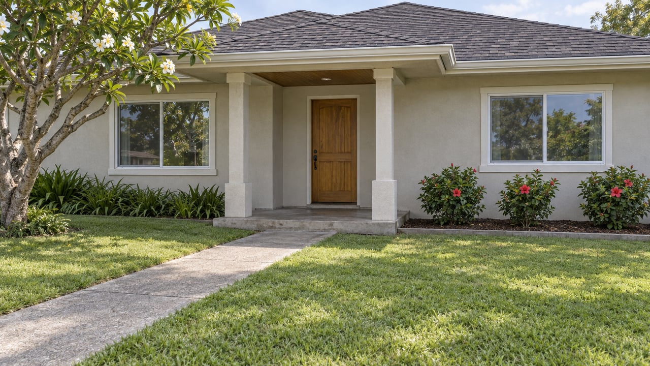Single-story home with a covered entry, wooden door, flowering tree, and front lawn.