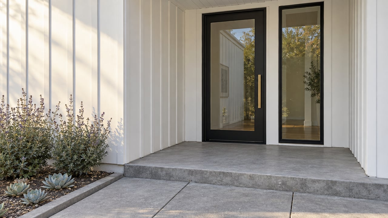 White board-and-batten home entrance with a black glazed door, gray concrete steps and silver-green planting in a neatly bordered bed.