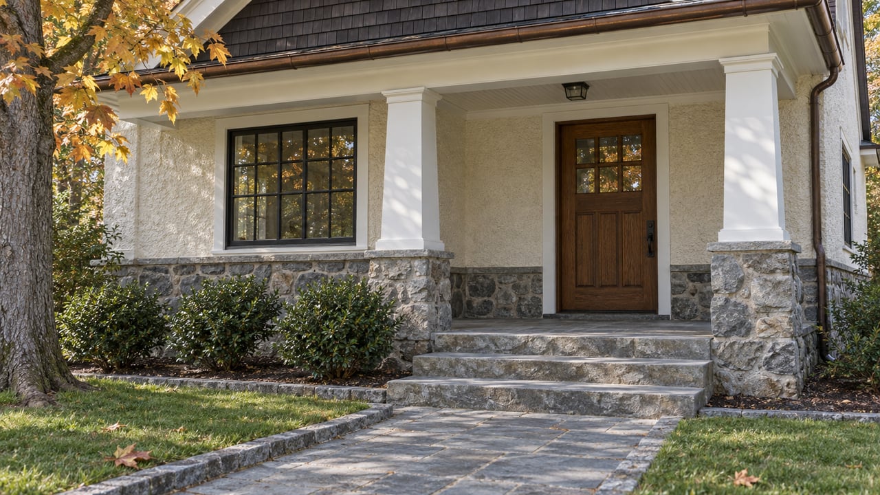 Historic home's cream stucco porch with white square piers, fieldstone bases, bluestone steps and a closed oak door beside a divided-pane window.