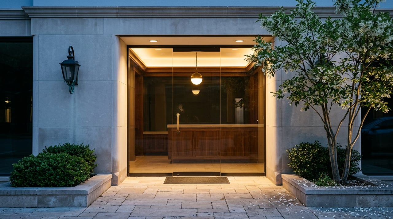 Upscale storefront entrance framed by limestone piers, with a warm-lit glass door, iron sconce, and potted trees.