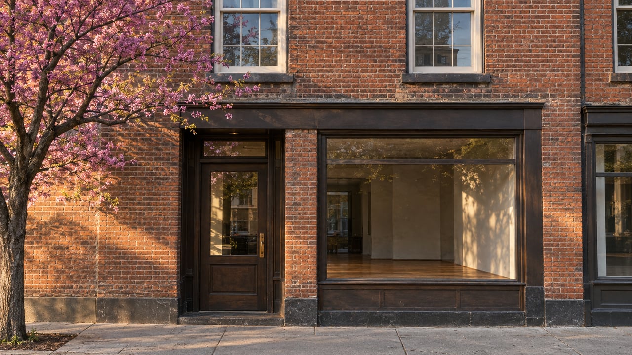 Weathered two-story brick storefront with sash windows, a glazed entry, and a sidewalk tree.