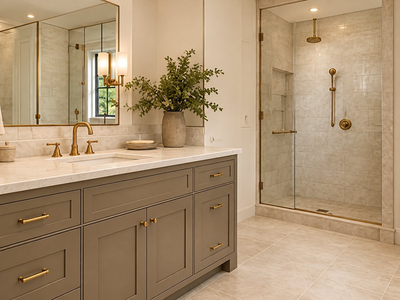 Bathroom with a taupe vanity and glass shower featuring brass fixtures and pale stone tile.