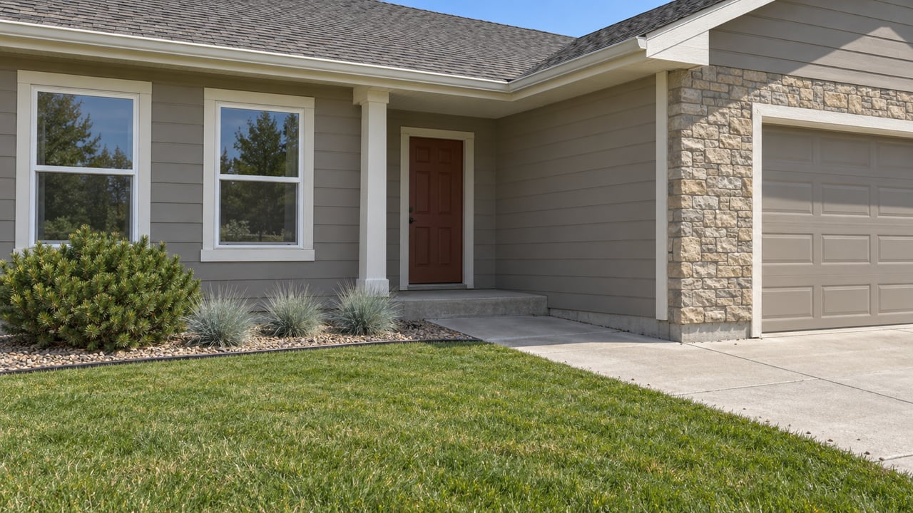 Taupe-sided ranch home with a recessed red front door, white-framed windows, stone garage return and a concrete path across the lawn.