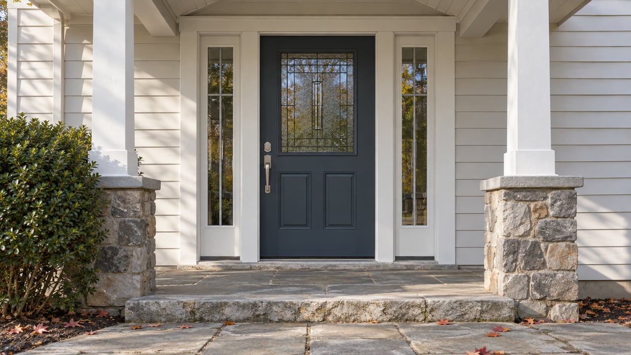 Blue-gray front door with glass sidelights, framed by white clapboard, timber posts, and a stone step.