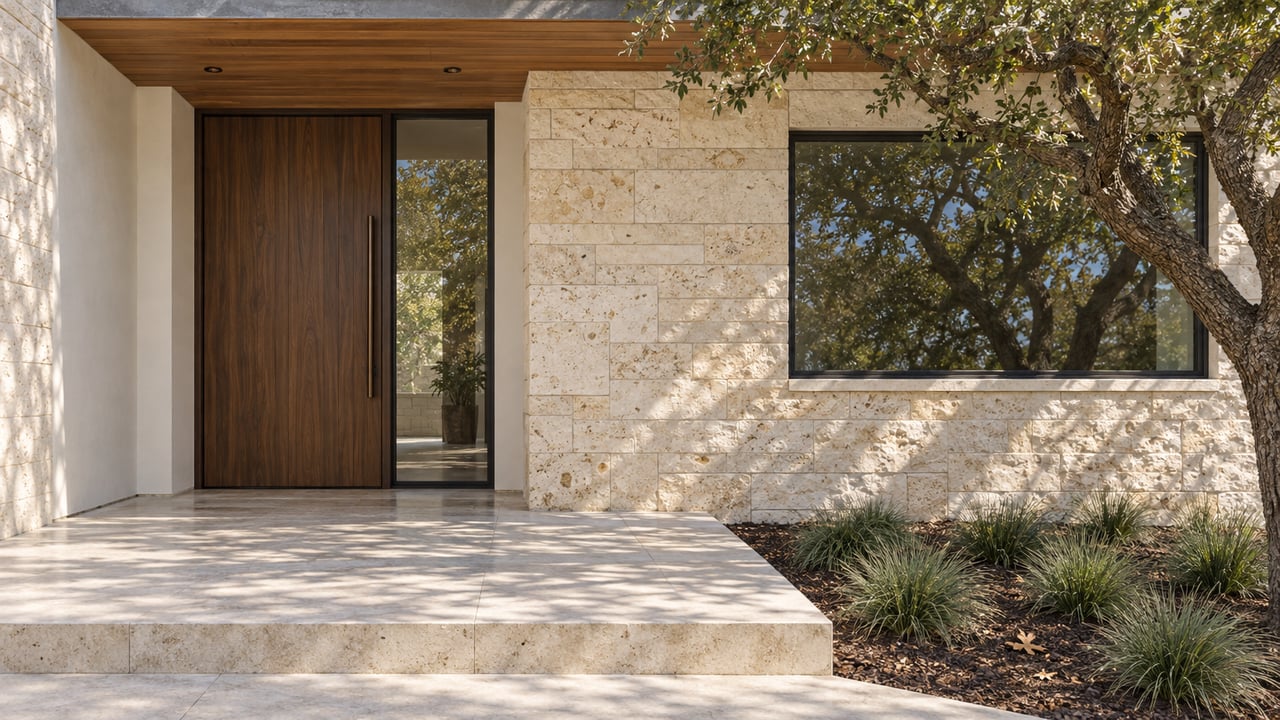 Limestone and warm wood frame a recessed home entrance beside a mature oak and a raised stone landing.