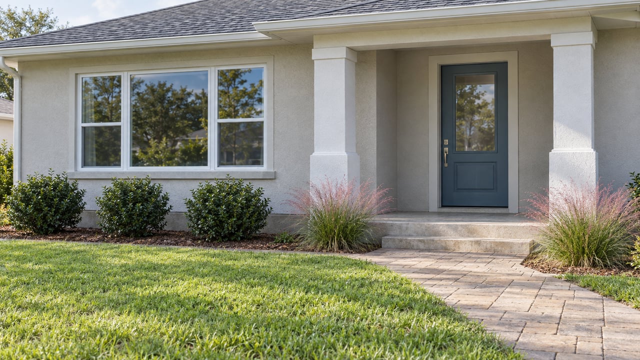 Pale stucco single-story home with a covered entry, blue door, broad front window and paver approach across an established lawn.