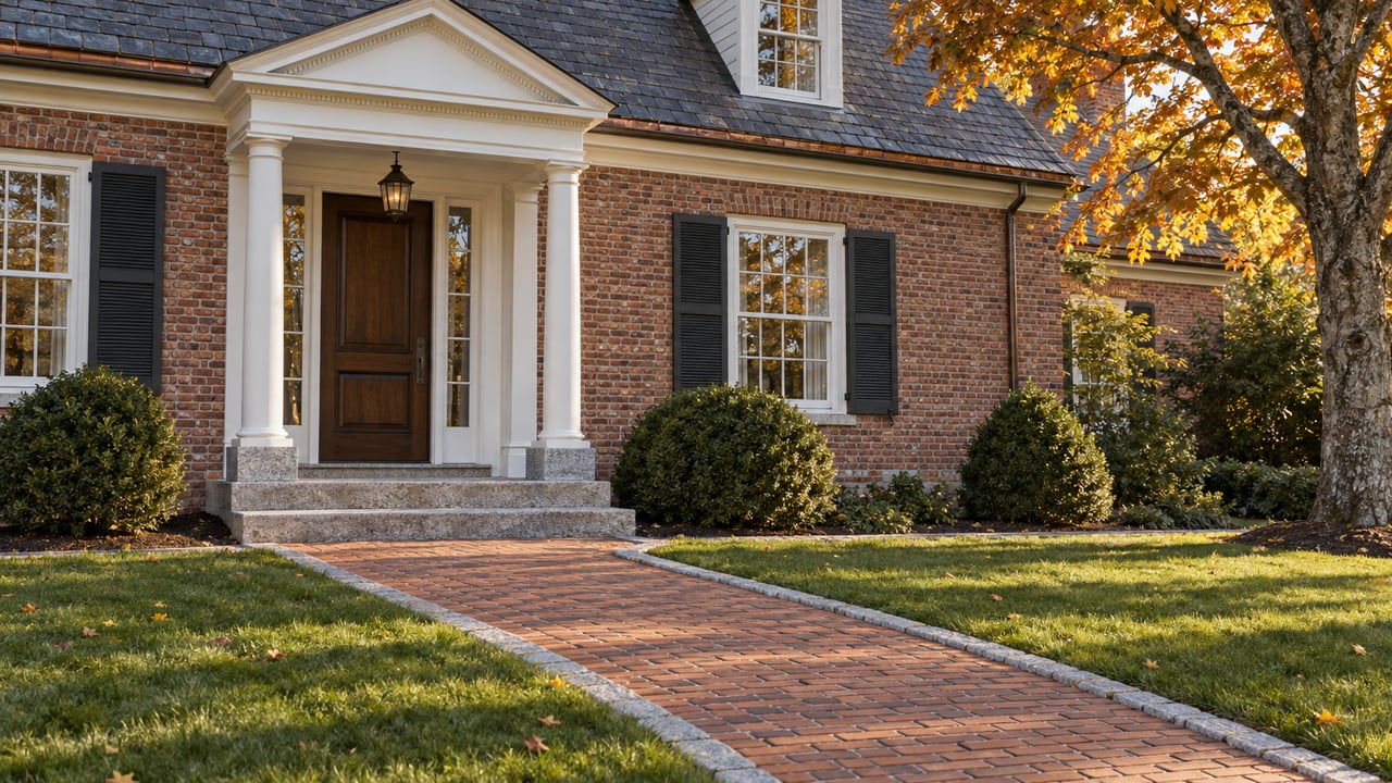 Sunlit brick home with a pedimented entry, slate roof, brick approach and amber sugar maple beside a deep lawn.