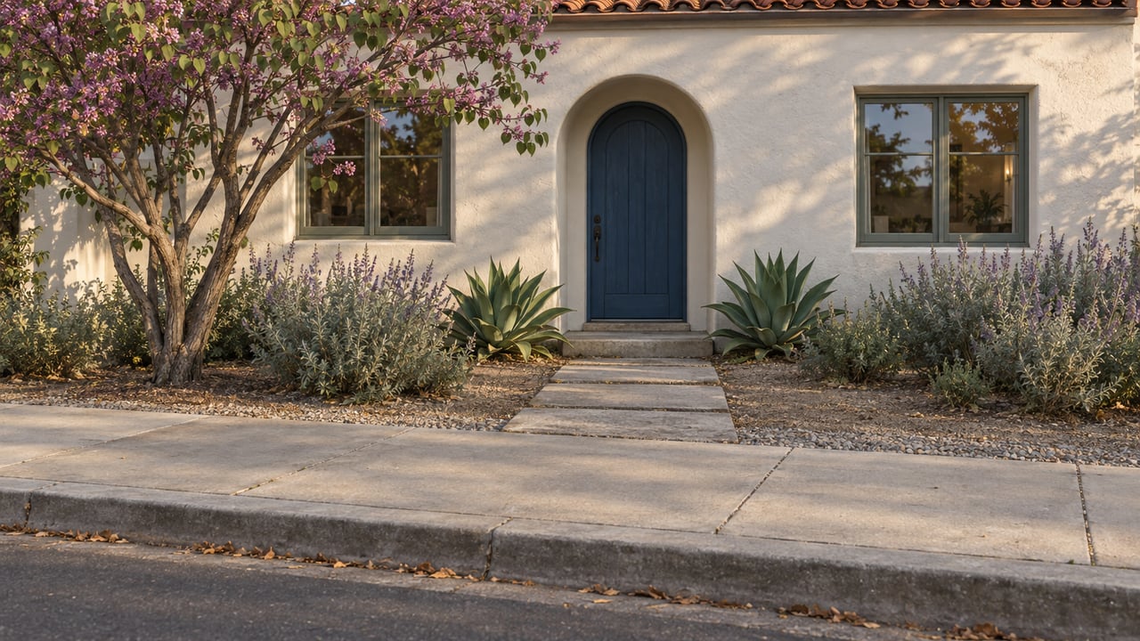Stucco Spanish revival house with an arched blue door, tiled roof, and drought-tolerant plants by the sidewalk.