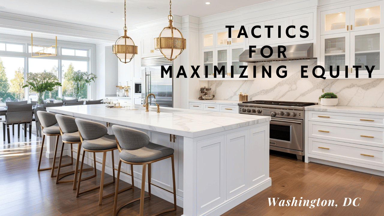 A modern, luxurious kitchen with white cabinetry, a large marble island, and gold accents, symbolizing strategic home improvements to maximize equity in Washington, DC.