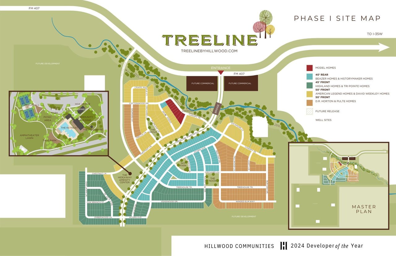 Site map of Treeline Justin showing neighborhood sections, community amenities, green spaces, and planned phases in Hillwood development